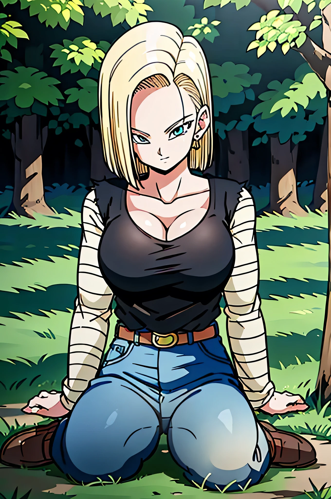 masterpiece, detailed face,
Android 18, Buu-Saga , , 1 girl, Alone, looking at the viewer, short hair, blue eyes, blonde hair, collarbone ,
Field, trees,((Gigantic :1.2)),cleavage, Forest, upper body , lying on Field,
black shirt , Langarm, striped sleeves , Creolen, Shoes, orange socks , belt, high waisted pants,
