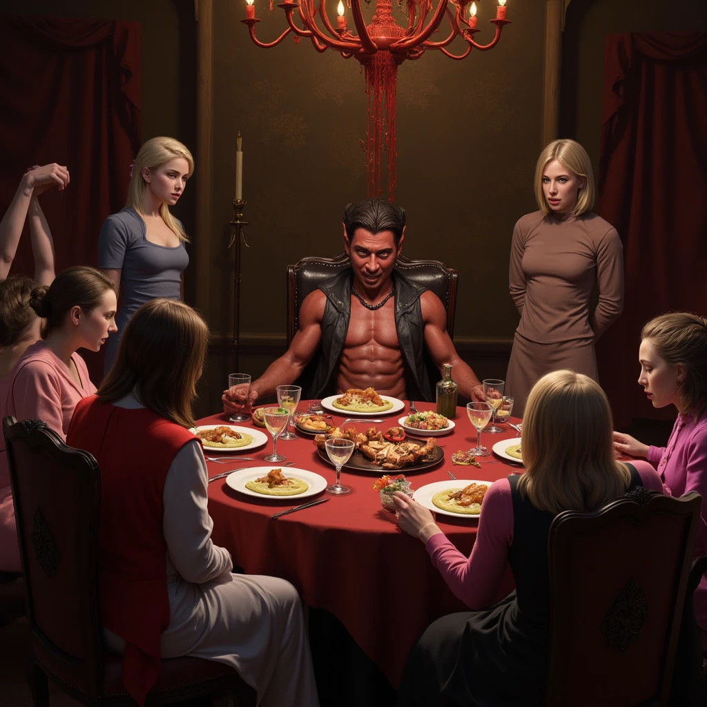 photorealistic,dark fantasy,(The Devil's Dinner Party hosted by the Demon King ),( sits on a chair around a round table where lavish food and alcohol are prepared),( the demon king is smiling and holding a glass, but 　On the other side 々 everyone stretches their backs and has a nervous expression),