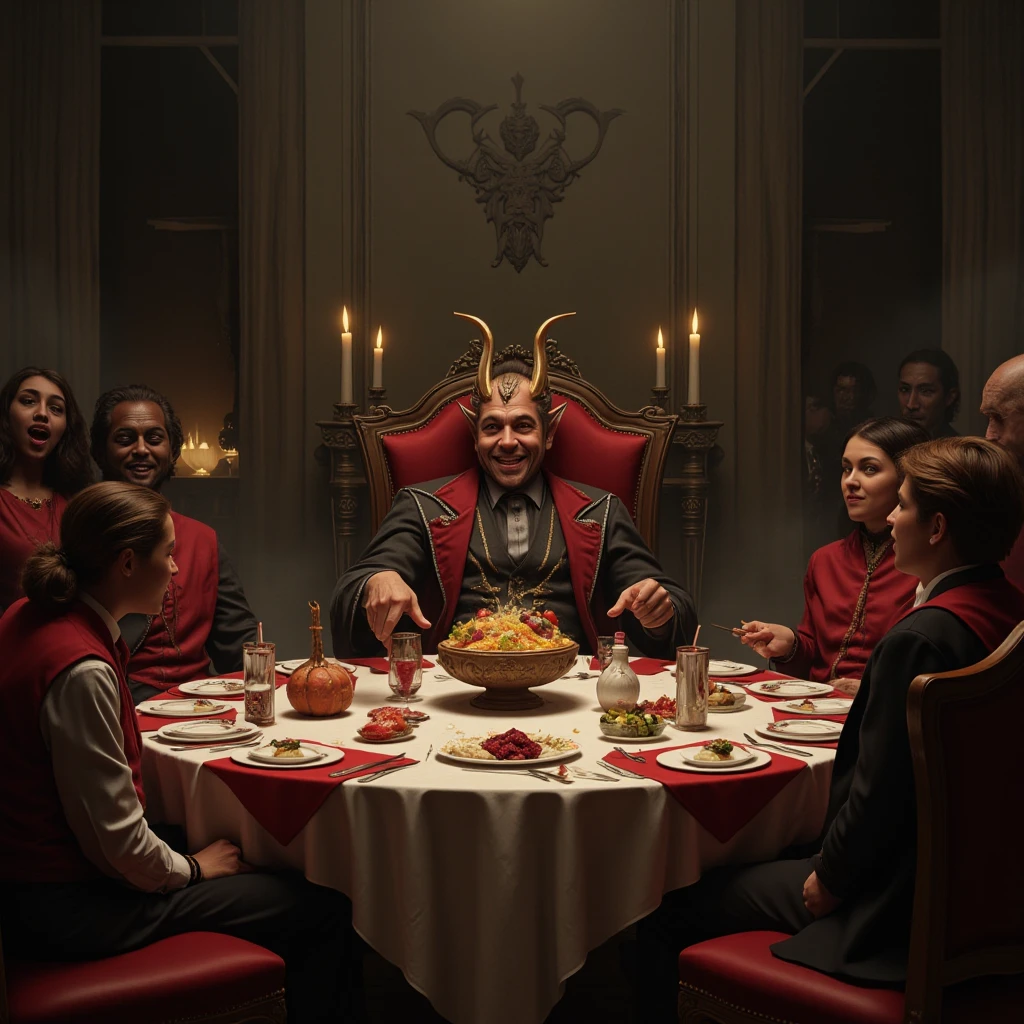 photorealistic,dark fantasy,(The Devil's Dinner Party hosted by the Demon King ),( sits on a chair around a round table where lavish food and alcohol are prepared),( the demon king is smiling and holding a glass, but 　On the other side 々 everyone stretches their backs and has a nervous expression),