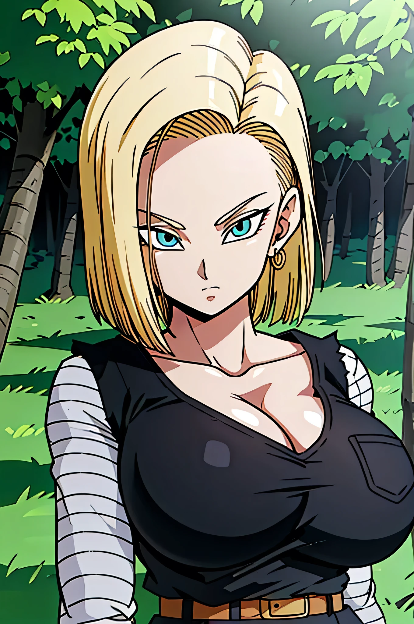 masterpiece, detailed face,
Android 18, Buu-Saga , , 1 girl, Alone, looking at the viewer, short hair, blue eyes, blonde hair, collarbone ,
Field, trees,((Gigantic :1.2)),cleavage, Forest, upper body , lying on Field,
black shirt , Langarm, striped sleeves , Creolen, Shoes, orange socks , belt, high waisted pants,