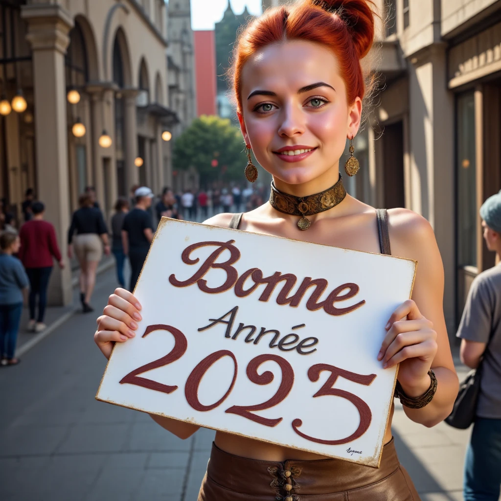 A smiling young woman in festive clothes carries a sign with the inscription “Bonne Année 2025"