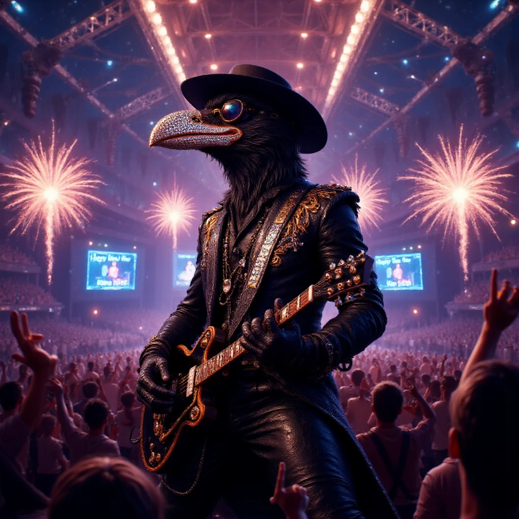 Muscular Anthropomorphic raven donned in intricate black suit with gold trim made of diamonds and a black diamond fedora. Diamonds cover his beak. Dynamically singing and guitar playing. Wears large sunglasses. Obsidian, the lead singer and guitarist of the "Obsidian Flow Project", printed on the bass drum. Dynamically sings to a retro style microphone while dynamically playing his guitar. Spotlight on him. Behind the open air stage, a neon sign says "Live from Club Pearl". Fireworks burst. New Years Eve stadium concert, with a huge crowd cheering at him, facing him, their hands in the air as they scream in excitement. Facing the crowd. The phrase "Happy New Year, MAB!!!" flashes on the stadium jumbotron. Dynamic blues band scene, dynamic pose, High Resolution, Masterpiece, Cinematic, Character Design, Hyperdetailed, Cinematography,  cinematic lighting, Depth Of Field, Sparkle, Ray Tracing, Image Fill, Realistic posing