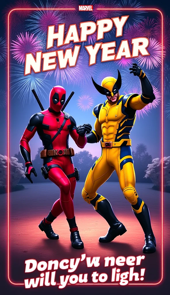 New Year's greeting card of Deadpool and Wolverine, in a dance pose, with a fireworks background