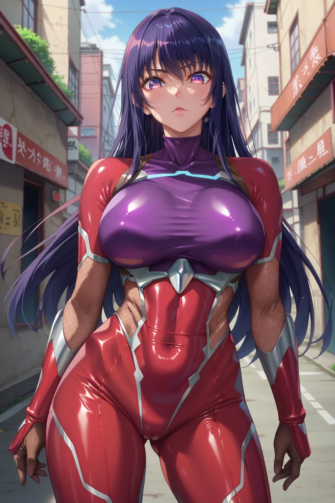  interruption source _Anime, viewers sweat a lot, 1 girl, bangs, underbust,  THIG-LENGTH SOCKS,large breasts, (taimanin suit), (two breast), , dark alleyナイトシティ,  taimanin suit, body suit, beautiful detailed eyes, ガニ股, latex, leotard, SM, Hoshlno ai, catch testicles,