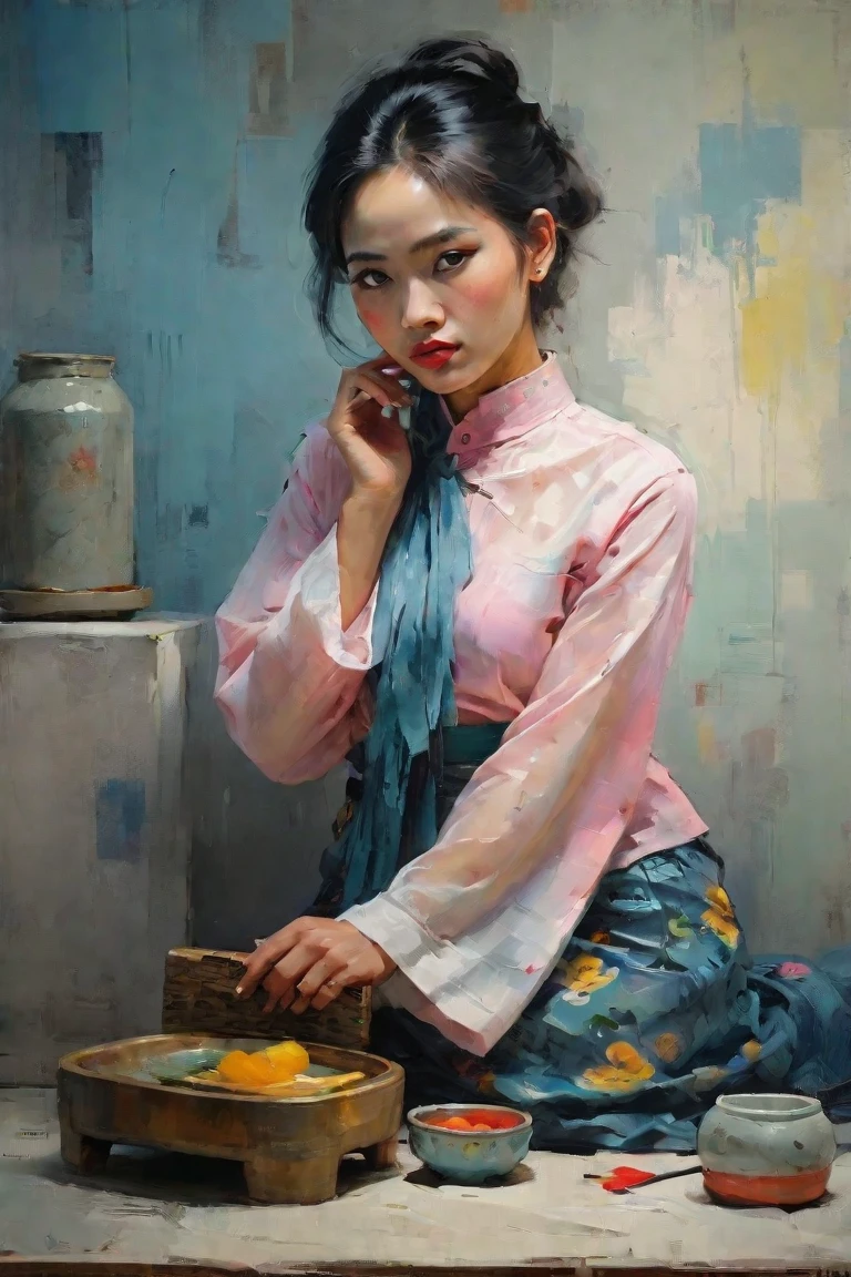 Create a contemporary portrait of a beautiful woman, Myanmar traditional long sleeve lace shirt and floral long skirt with Myanmar Thanakha in the
expressive and painterly style of Malcolm Liepke,
utilizing a palette of light pink, yellow and red,
light grayish blue. The portrait should feature a
close-up of the subject's face with strong, dynamic
brushstrokes and a focus on capturing the depth and
texture characteristic of Liepke's work.Use light pink and bright
blue for the highlights and vibrant
areas,while employing muted blue, dark
grayish blue, and light
grayish blue to create shadows and
depth. Ensure the background
complements
the portrait with subtle variations of the
same color
palette, evoking a sense of modern
elegance and
emotional intensity