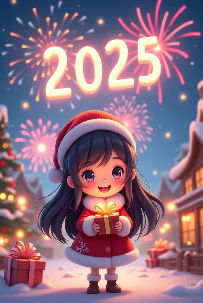 Theme: new year
Tone: pastel
Background: beautiful firework
Text: Happy New Year 2025
Have a cartoon girl with dark long hair, have forelock, wear santa suit, hold gift in hands, smile, cute