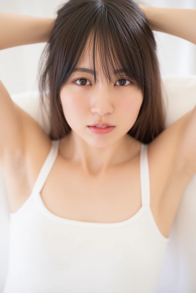 (Half open eyes and   、  It looked at us  ),(Round face woman),(naked),,  raises arms,(  are because Shirokane is in the middle of winter),
(  cowboy shot :1.3),Front View,(  Looks like she wants a white duvet background for the bed )
(   Straight light brown hair slightly longer than shoulders ),
  Face climax from satisfying sexual desire   ,
 Please Squint ,   Her expression wants to lick your penis  ,  skin that shines with sweat
breaks
Photo  、
Actual Product、