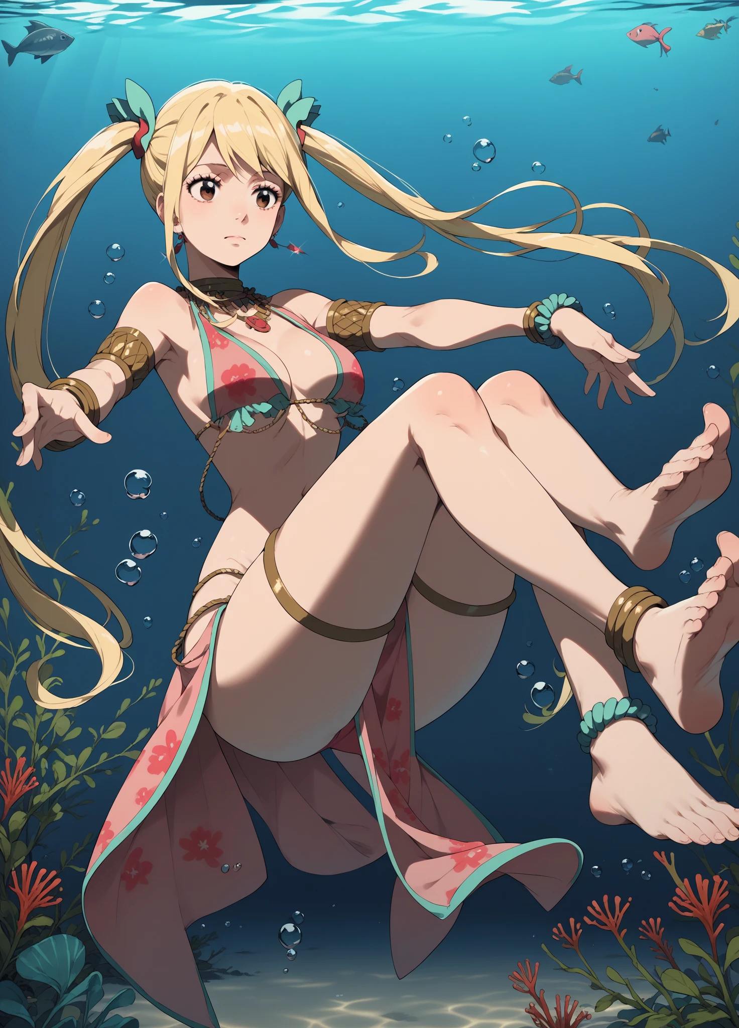 score_9, score_8_up, score_7_up, score_6_up, 1girl, adult woman, Lucy Heartfilia Dancer, blonde hair, long pigtails, hair ribbon, pink bikini top, pink pelvic curtain, blue floral pattern, anklets, bracelets, necklace, barefoot, soles, underwater, under the sea