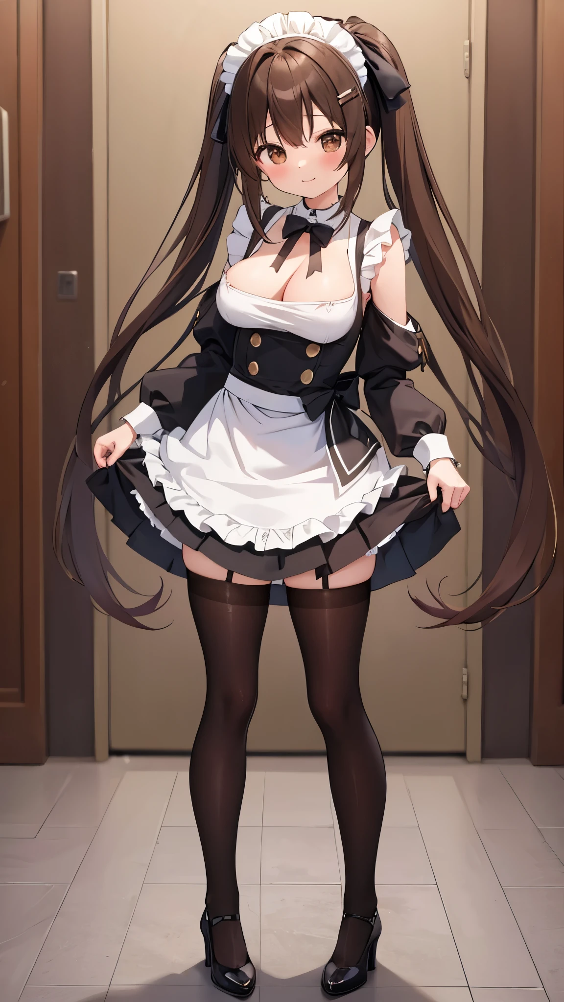 masterpiece、 best quality、beautiful、Fine Lines、 girl、 brown hair、 long hair、 Twin Tails 、Brown Eyes 、smile、Pale lips、black maid clothes、 micro mini Skirt、white maid apron、Ruffles on the shoulders、 black pantyhose 、living、Maid standing、How to stand neatly、Model standing、 from the front、 huge breasts、 exposes her chest、 Bare Breasts、Nipples、skirt lift、 black pantyhose、 absolute domain、show pussy,pussy、 full body portrait 、 black high heels、