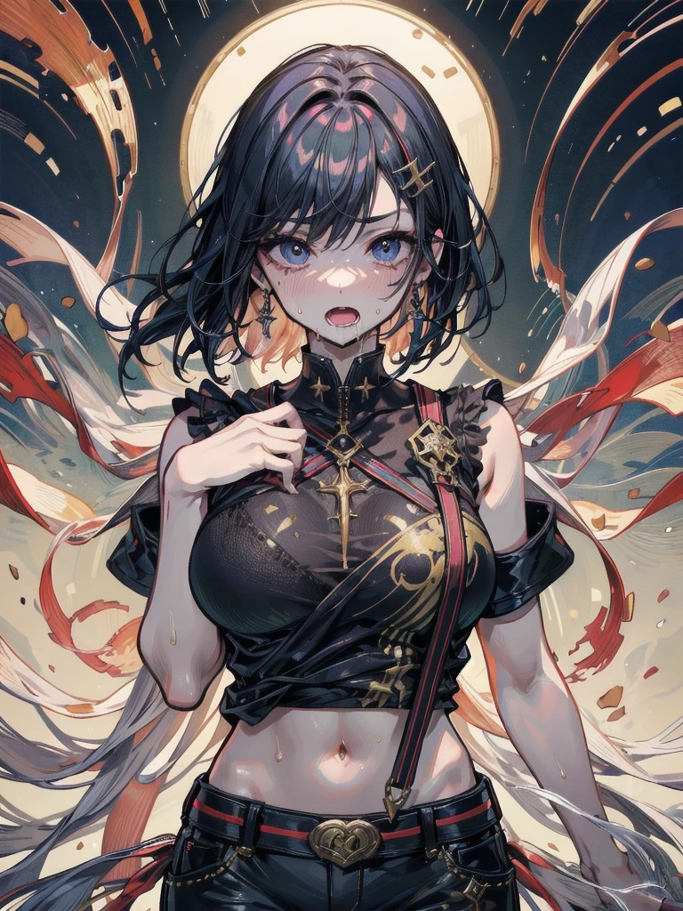 absurdres, RAW photo, extremely delicate and beautiful, masterpiece, Best Quality, ultra high resolution, 32k, hyperrealistic, ultra-detailed, delicate facial features, beautiful detailed woman, tearful mole, earring, medium breasts, full body shot, medium hair, black hair, fire witch, blood, light particles, light rays, high contrast, colorful,