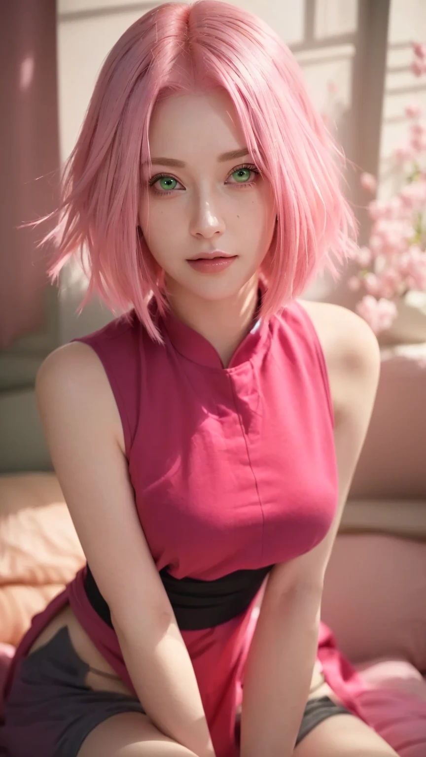 21 years woman, short shoulder-length pink hair, wide forehead, porcelain skin, pink eyebrows, big emerald green eyes, buttoned nose, full lips, heart-shaped face, slender body, small breasts, red tank top, Sakura Haruno , realistic, realism, details, 3d, well detailed