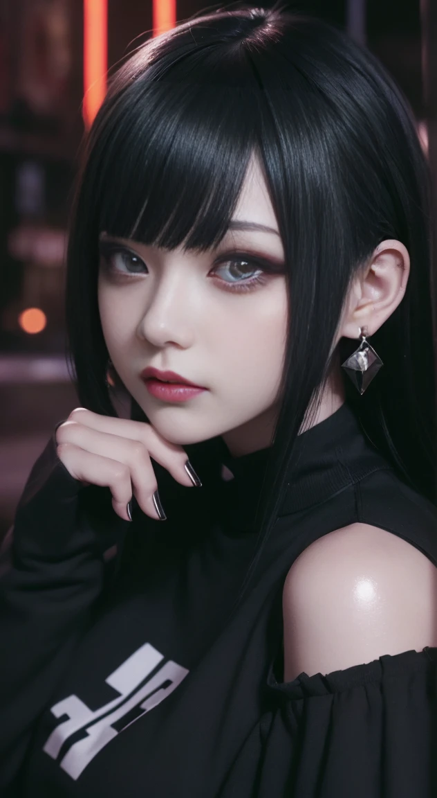 Realism、Blatant、、Wear a black turtleneck sweater,Off-shoulder,Face enhancement,Big breasts zoom,Emphasize cleavage,Super huge ,Looking from the bottom up,White hair,Black Hair,Colorful Hair,short hair,Straight Hair,Long braids(White),Glowing red eyes,Red X pupil,Cold expression,Red lips,Sexy,Sitting on the bed,Sexy、Hold the back of your head with both hands、Wearing a turtleneck sweater,Sweaty face