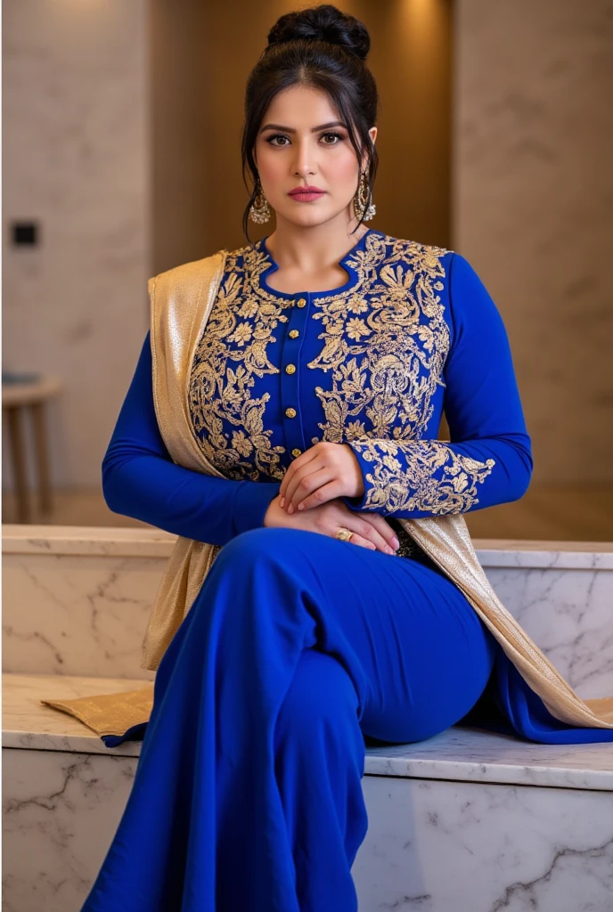 Pakistan 25yo woman
Breasts: Enormous, firm, and high, pushing up her kameez.
Hips: Voluptuous, wide bearing hips, slender waist.
Pose: Sitting on a marble bench, one leg crossed over the other.
Color: Royal blue kameez with intricate gold zari embroidery, gold dupatta.
Hair: Medium-length wavy hair, tied up in a messy bun with loose tendrils.