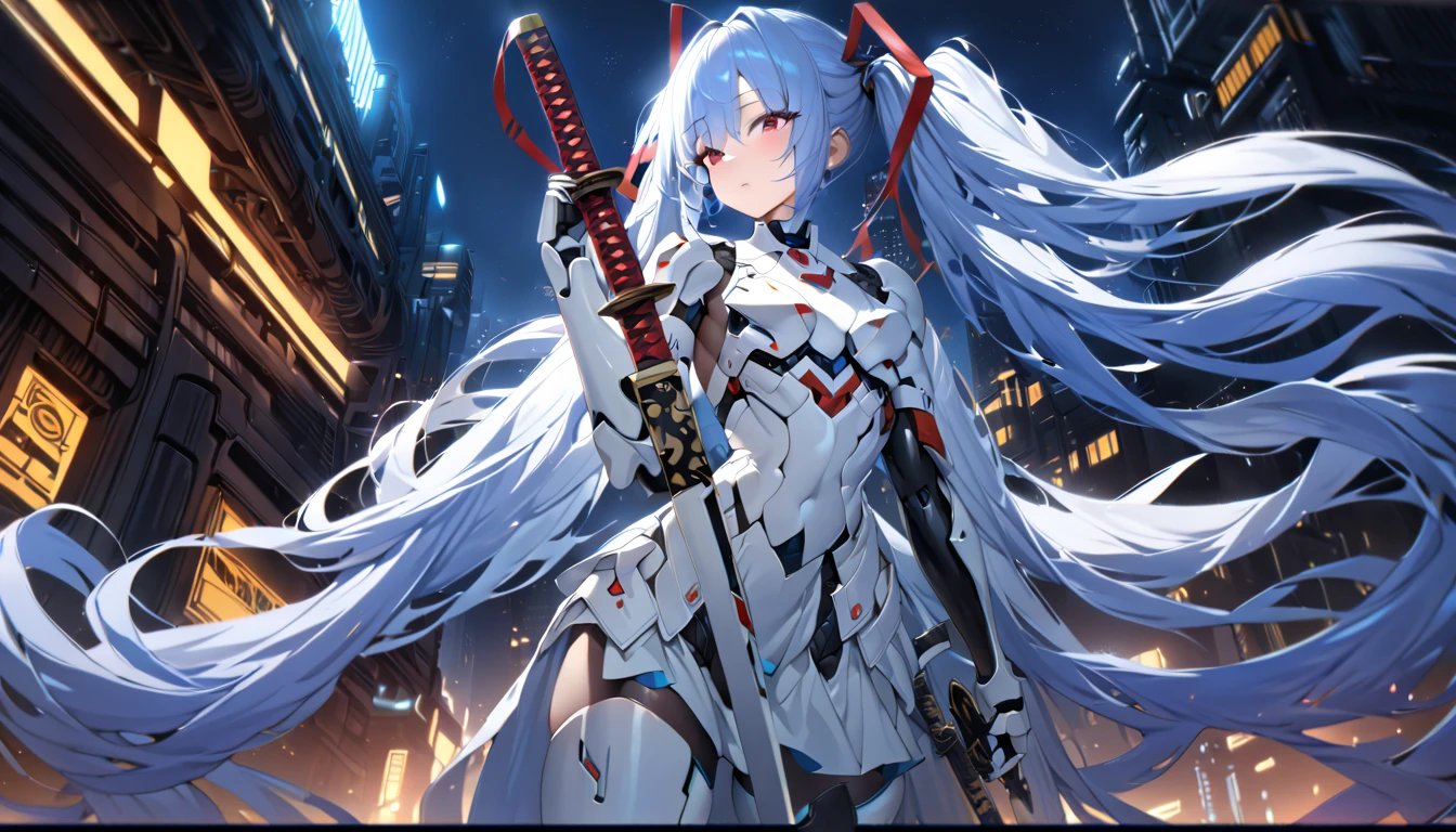 girl masterpiece, best quality, high resolution, best detailed, HDR, 4k, 8k, blue hair, very long hair, twin tail, red eyes, detailed face, beautiful shape, white armor, mechanical gloves, mechanical long boots, holding katana sword, detailed background, night sky, cyberpunk building,