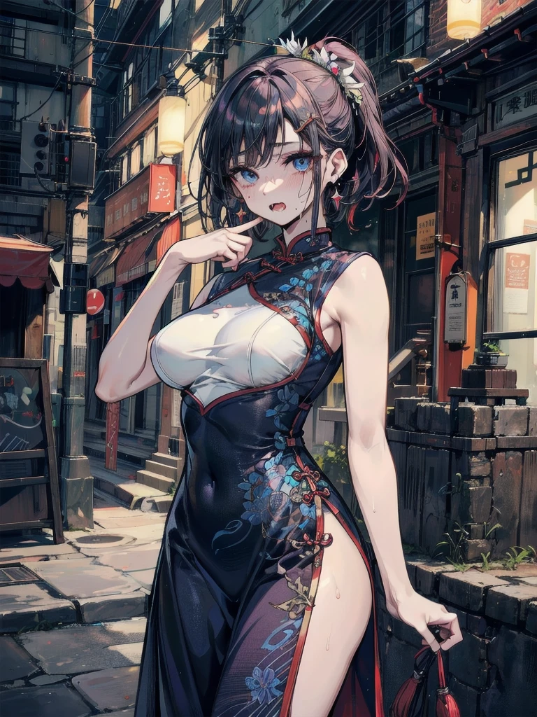 ((Best quality)), ((Masterpiece)), ((Ultra-detailed)), (illustration), (Detailed light), (An extremely delicate and beautiful),A charming young girl,on cheongsam,Hong Kong,Kowloon Street