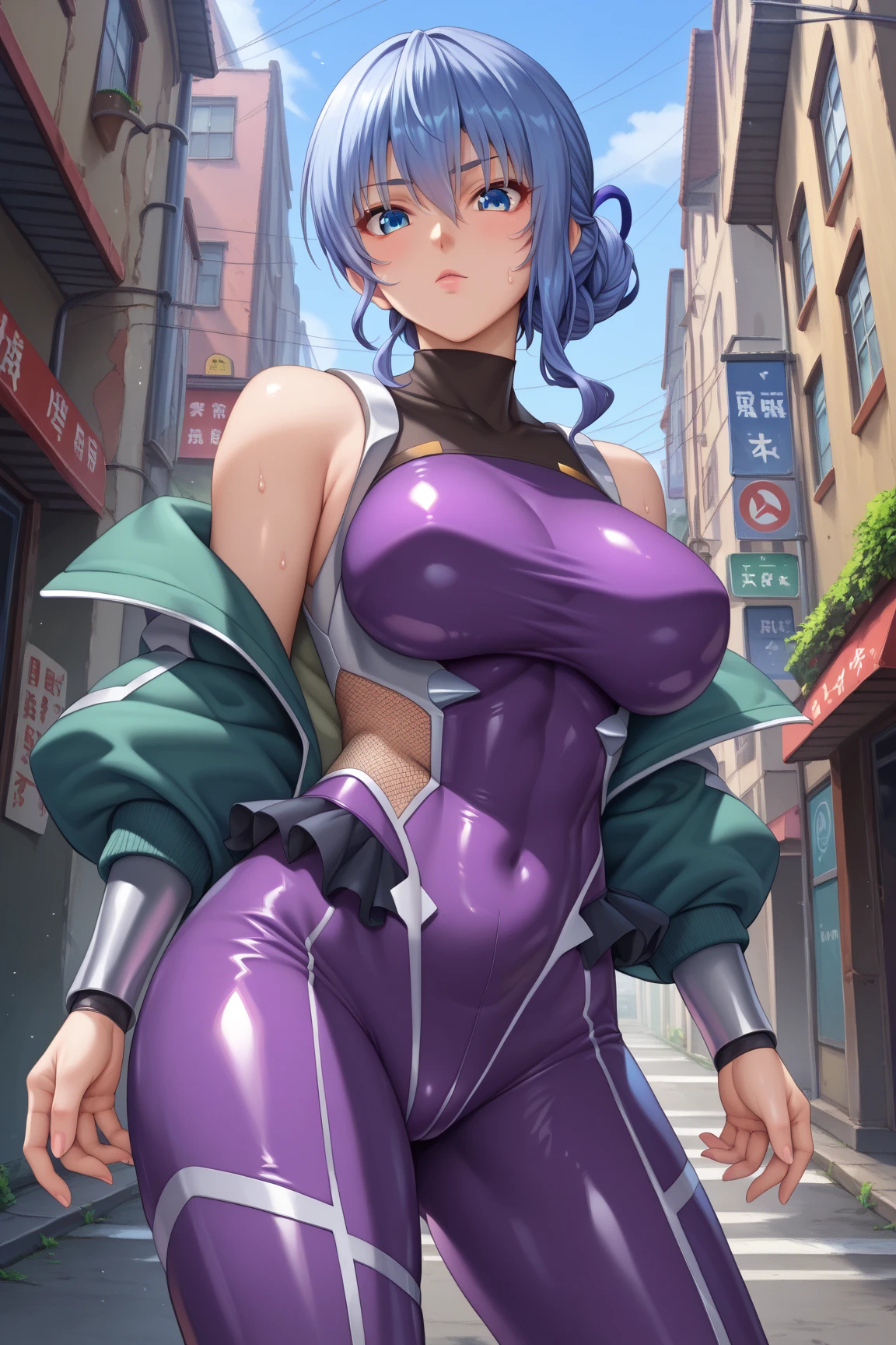  interruption source _Anime, viewers sweat a lot, 1 girl, bangs, underbust,  THIG-LENGTH SOCKS,large breasts, (taimanin suit), (two breast), , dark alleyナイトシティ,  taimanin suit, body suit, beautiful detailed eyes, ガニ股, latex, leotard, SM, Hoshlmachi suisei, catch testicles,