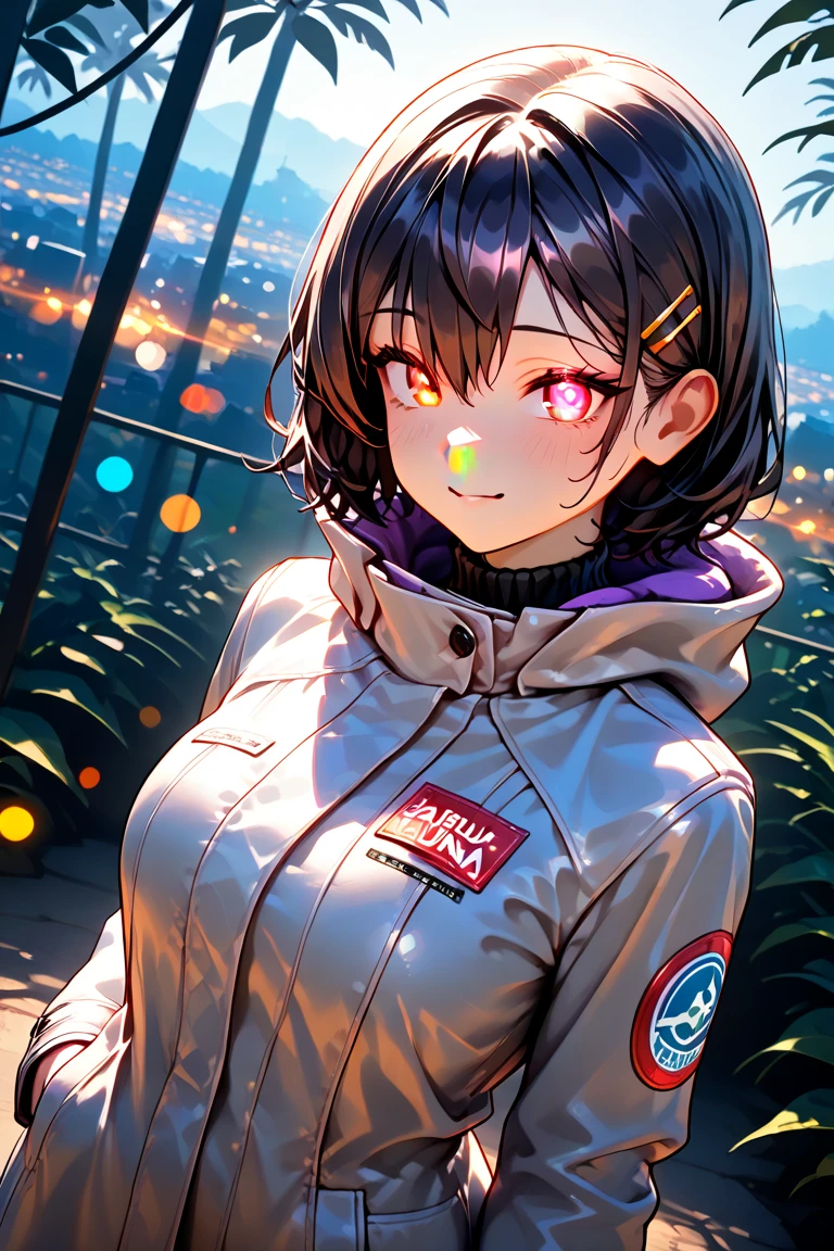 solo,1girl\((haruna:1.3),(haruna:1.3), adult,black hair, cute, beautiful, beautiful eyes, red survival coat, glowing eye, psychic purple spark aura\), background\((Jungle:1.3) urban city)\). beautiful bokeh,(dynamic angle), 3d, landscape. (masterpiece, best quality), amazing quality, very aesthetic, absurdres, highres, newest, HDR, 8K, high detail RAW color art, intricate details, high contrast, photo-referenced, detailed background,