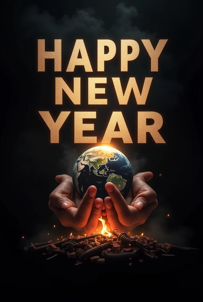 A black-themed 'Happy New Year 2025' poster with a motivational and reflective tone. The text 'Happy New Year 2025' glows in bold white letters against the dark background. The design incorporates major events from 2024: (1) symbols of global unity, such as hands clasping together under a glowing Earth, (2) a representation of painful wars with a peace dove flying over broken weapons and shadows of conflict in the background, and (3) the Bangladesh flag prominently displayed, symbolizing resilience and hope. The overall atmosphere is somber yet inspiring, with glowing embers and soft rays of light breaking through the darkness.