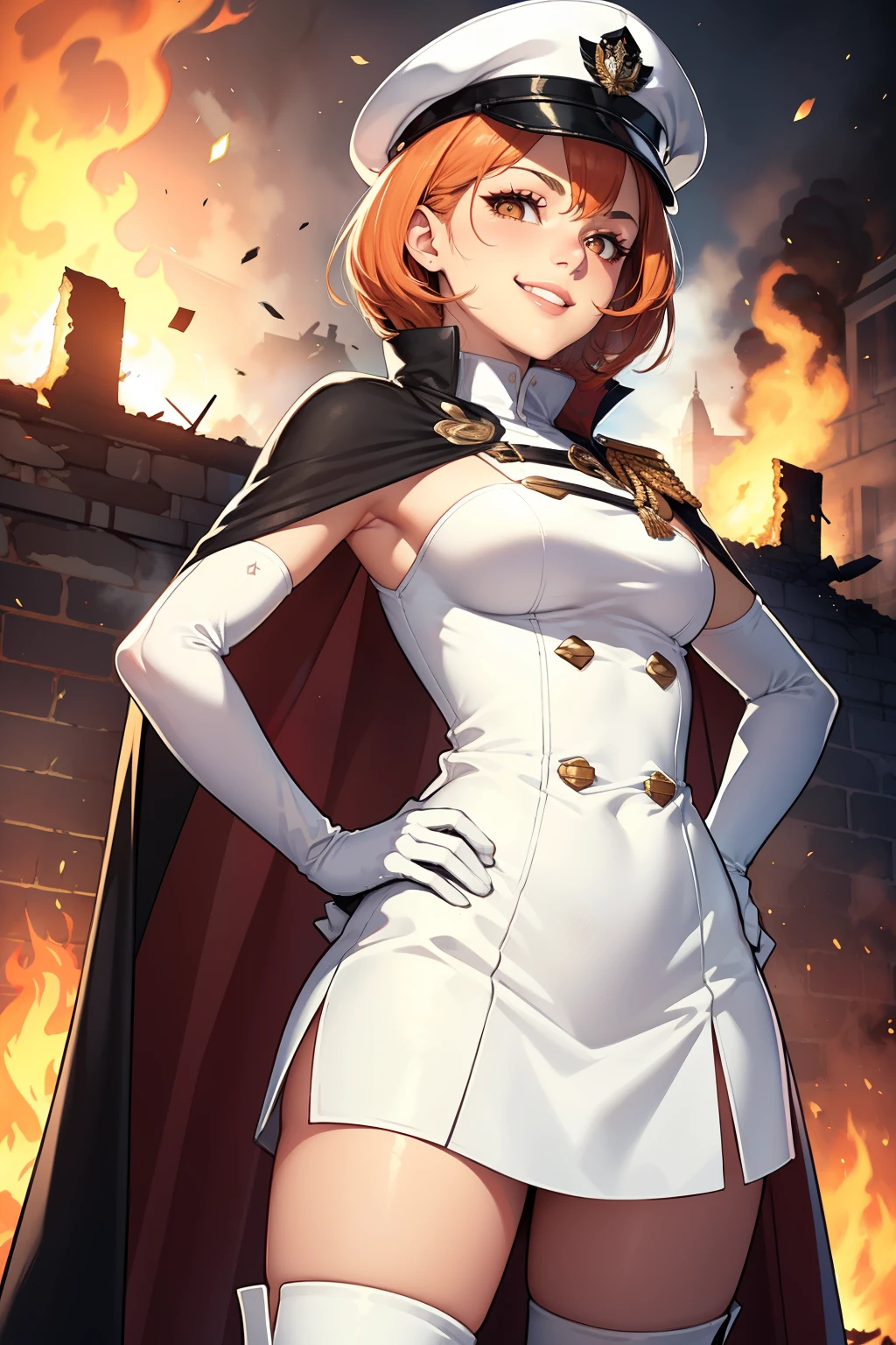 leonie pinelli, orange hair ,short hair ,glossy lips, light makeup,cape ,military uniform,white military hat,sleeveless, white skirt,white thigh-high boots, white elbow gloves, evil smile, looking at viewer, hands on hips,burning buildings in the background