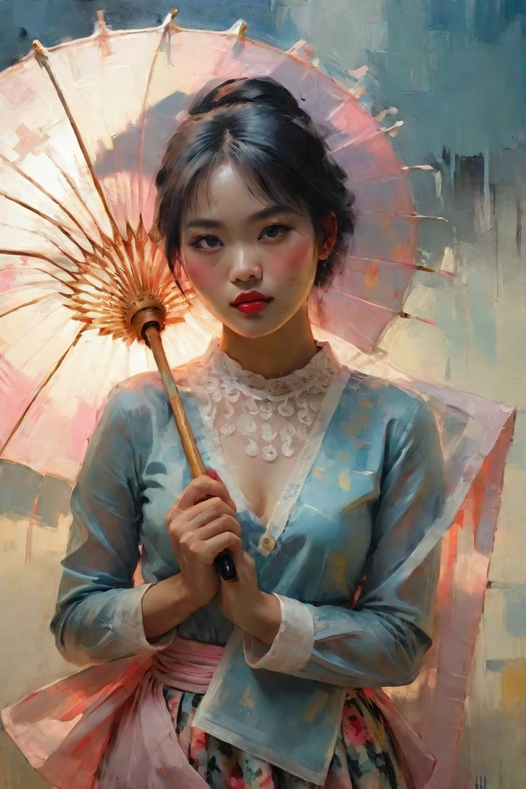 Create a contemporary portrait of a beautiful woman, Myanmar traditional long sleeve lace shirt and floral long skirt with Pathein umbrella in the
expressive and painterly style of Malcolm Liepke,
utilizing a palette of light pink, yellow and red,
light grayish blue. The portrait should feature a
close-up of the subject's face with strong, dynamic
brushstrokes and a focus on capturing the depth and
texture characteristic of Liepke's work.Use light pink and bright
blue for the highlights and vibrant
areas,while employing muted blue, dark
grayish blue, and light
grayish blue to create shadows and
depth. Ensure the background
complements
the portrait with subtle variations of the
same color
palette, evoking a sense of modern
elegance and
emotional intensity