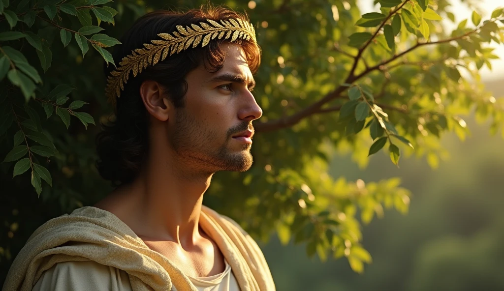 Dressed in ancient Greek clothing，With an olive branch