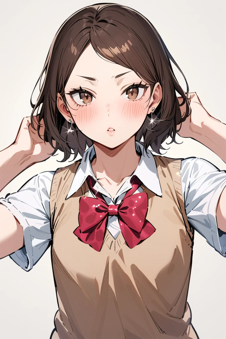 (masterpiece, best quality, high quality, highres, ultra-detailed), haikyuu character, brown-vest, 1girl, solo, looking at viewer, tsundere, blush, short hair, dark brown hair, hair ornament, bow, brown eyes, school uniform, white shirt, red bow, kogal gyaru, bangs held up with a hairpin on top of her head open forehead(!!) , plump pink lips made up with glitter, fair skin, long pink with sequins manicure, long rectangular silver earrings, flat chest