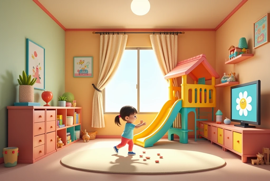 (Pixar Style 1.25) there's a happy little girl in her room with the pink painted parde drawing