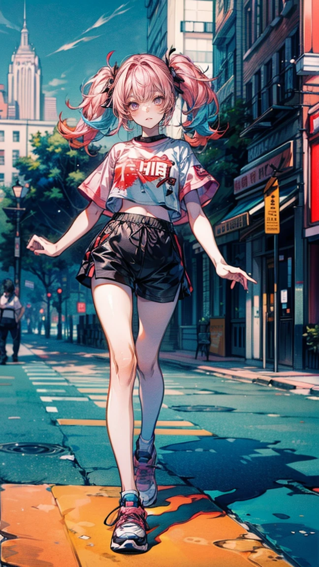 Full body view, woman standing confidently, 8K resolution, high detail, around 20 years old, (one female:1.5), vibrant-colored hair, twin tails, straight eyebrows, sanpaku eyes, upturned eyes, vivid pink irises, simple outfit, unique t-shirt, black shorts, sneakers, big city:1.0, buildings, bright blue sky, vivid color, ((UHD, masterpiece, super detail, best quality, highres, 8k)), (detailed line art), {perfect face, perfect body, perfect hands, perfect feet}