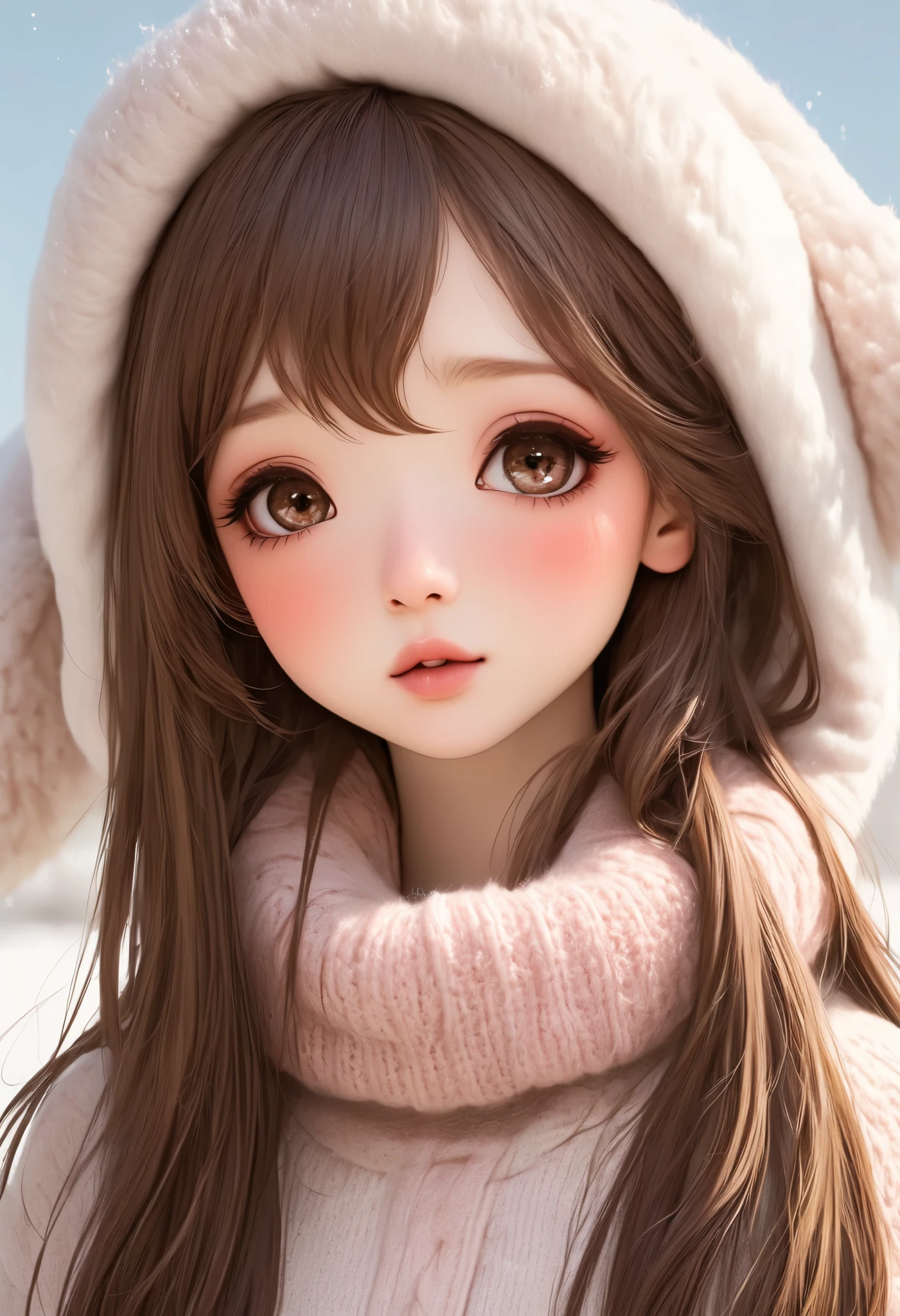 Girl, long straight brown hair, brown eyes, sharp features, white skin, light pink lips, perfect, wearing winter clothes.