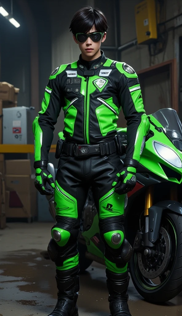  Full body image of a young handsome man ， Hypnotized and Brainwashed ， Wear trendy green and black racing style leather and tactical gear， Differs a Strange 、 Curved Hustle 。 He wears a high-powered item with reflective stripes Racing Uniform 、 Tactical Vest 、 Tactical Belt 、 Leg Leather 、Pistol Bag 、 Reinforced Gloves 、 long racing boots 。His eyes were hollow, shining with ， on his face with a faint smile and a lip 。 Scenes Housed in a hidden warehouse ，dim lights， industrial wind hidden atmospheres 。 This cop stands next to a high-performance super sports motorcycle，， composition emphasizes his unsettling existence ，Combining realism and tension 、 ， captures the essence of being brainwashed in a dangerous environment 。hypnosis@_@goggles 螺旋empty_eyes