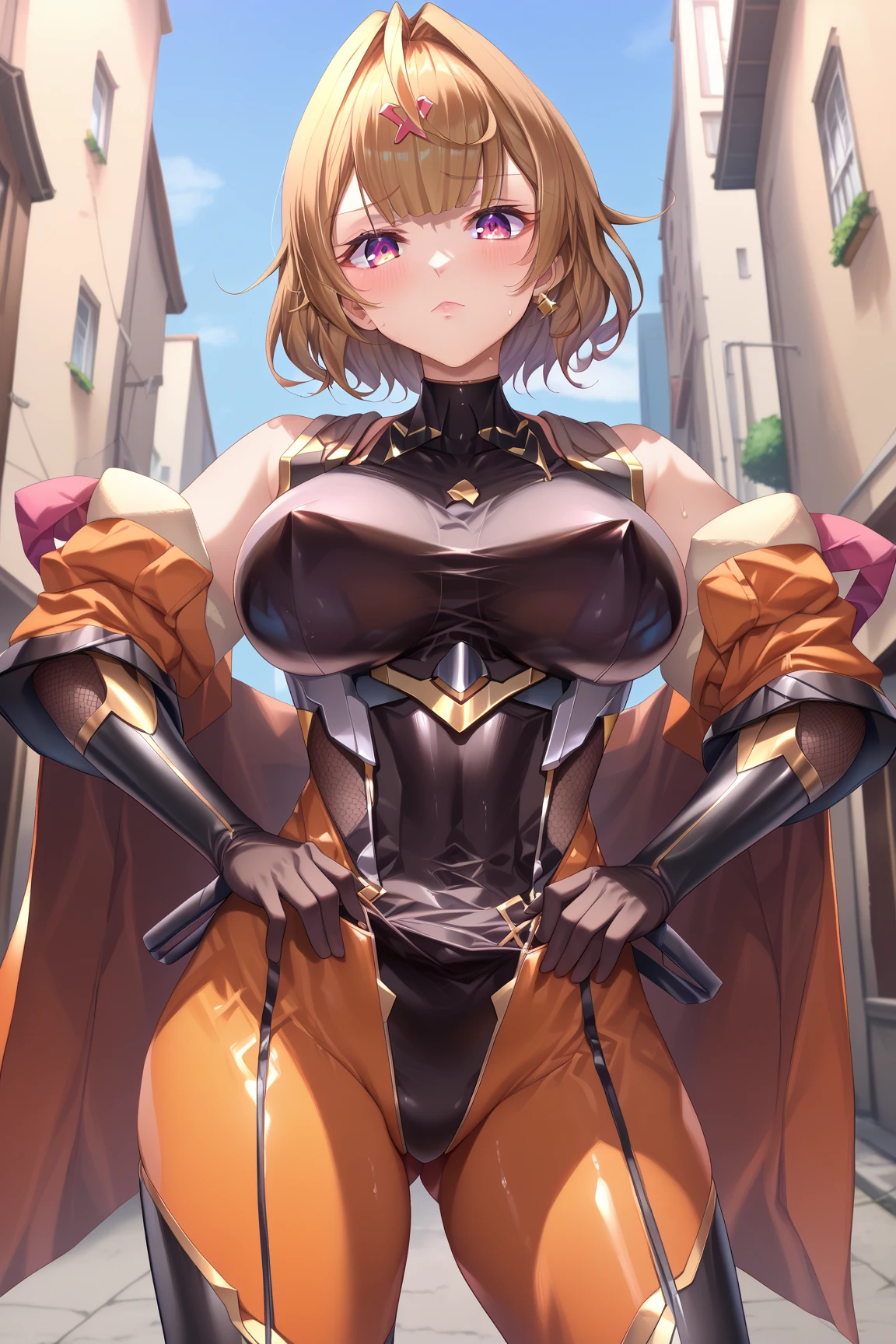  interruption source _Anime, viewers sweat a lot, 1 girl, bangs, underbust,  THIG-LENGTH SOCKS,large breasts, (taimanin suit), (two breast), , dark alleyナイトシティ,  taimanin suit, body suit, beautiful detailed eyes, ガニ股, latex, leotard, SM, Hoshikawa Sara (Nijisanji) , catch testicles,