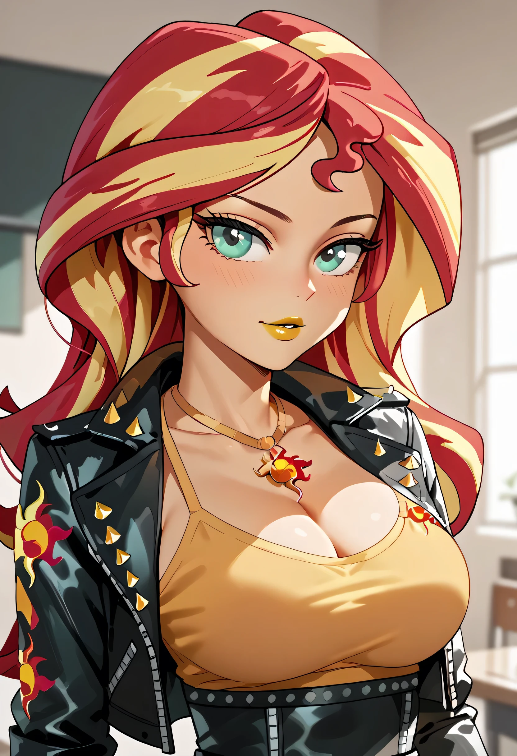 woman, orange skin, red hair, yellow hair, multicolored hair, long hair, large breasts, anime style, yellow lipstick, green eyes, Sunset Shimmer, leather jacket, yellow blouse
