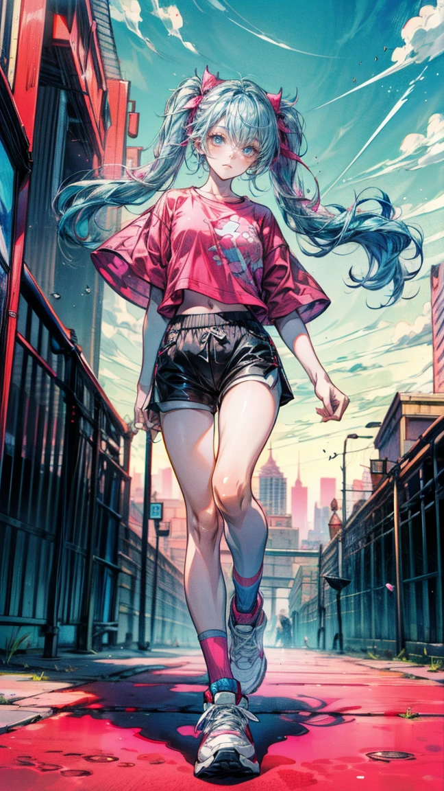 Full body view, woman standing confidently, 8K resolution, high detail, around 20 years old, (one female:1.5), vibrant-colored hair, twin tails, straight eyebrows, sanpaku eyes, upturned eyes, vivid pink irises, simple outfit, unique t-shirt, black shorts, sneakers, big city:1.0, buildings, bright blue sky, vivid color, ((UHD, masterpiece, super detail, best quality, highres, 8k)), (detailed line art), {perfect face, perfect body, perfect hands, perfect feet}