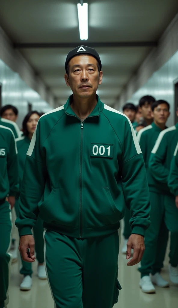 A 40-year-old man, wearing a black prayer cap, He is wearing a green sports jacket with white stripes on the sleeves and there is a green box embroidered with the number "1" in white on the side. Green track pants. The sports shirt has a zipper on the long part and two pockets on the side. clothes like in the squid game movie. has a serious expression on his face and looks directly at the camera. he poses walking, the background of the hallway with three long lights on the roof illuminates. and there are ten people with the same clothes walking behind. cinematic