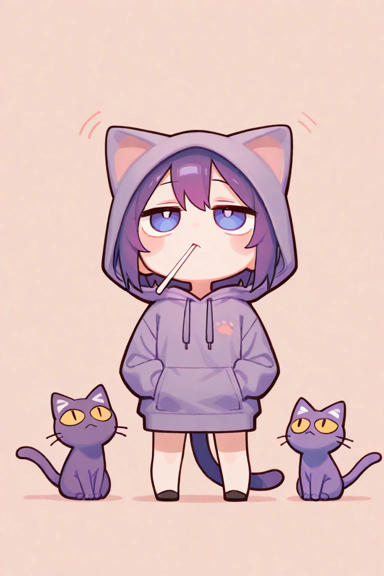 masterpiece, best quality,(Very Simple Drawing:1.2), (Deformation:1.0), (Comical:1.3), solo,1girl\((Chibi:1.4), Beautiful, Young, (purple Cat Hoodie:1.5),(purple Cat Hoodie:1.5),purple cat-tail,purple eyes,big eyes,detailed pupils, short white straw at mouth,(Good Mood:1.2), (Hands in Pocket:1.0),purple haze from mouth,sit on the ground,rough pose,looking up,looking away\), simple background