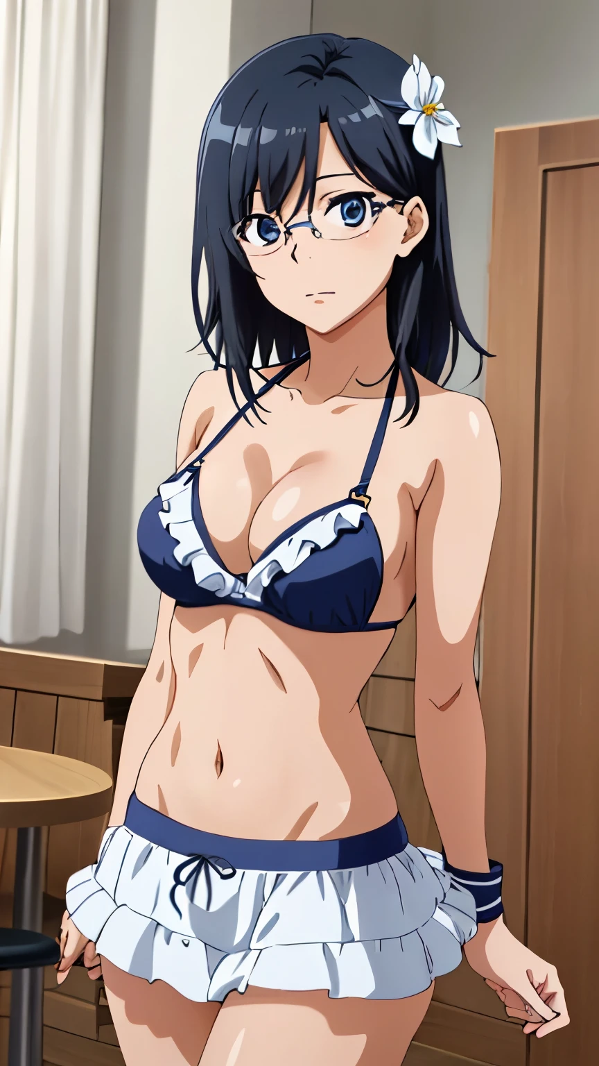 ((highest quality)), ((masterpiece)), (detailed), (16k high definition anime), Anatomically perfect body,Himari Noihara, 1girl,One girl、Perfect Face、Cute face、Beautiful Face、smile、Beautifully detailed eyes、blue eyes、Black Hair、Long Hair、ponytail、Red ribbon、(Large Breasts:1.5)、Beautiful cleavage、(bra、See-through、Nipples and areola), (panties、See-through、Female organ), Smooth body lines、Wide hips、Big ass、High Body、Beautiful long legs、Are standing、Beautiful pose、View your viewers、Bedroom Background、Above-the-knee photos、