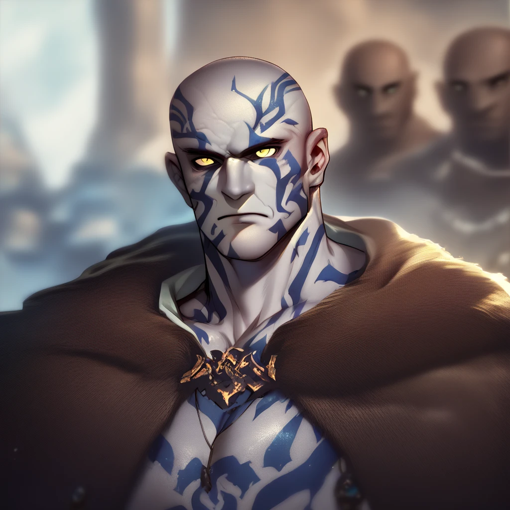 (((beautiful, high quality))), score_9, score_8_up, score_7_up, Goliath, gray skin, tall, muscular, body tattoo, face tattoo, 1boy, male focus, yellow eyes, bald head, brown cape with fur, blue tattoo, fantasy background, blurred background,