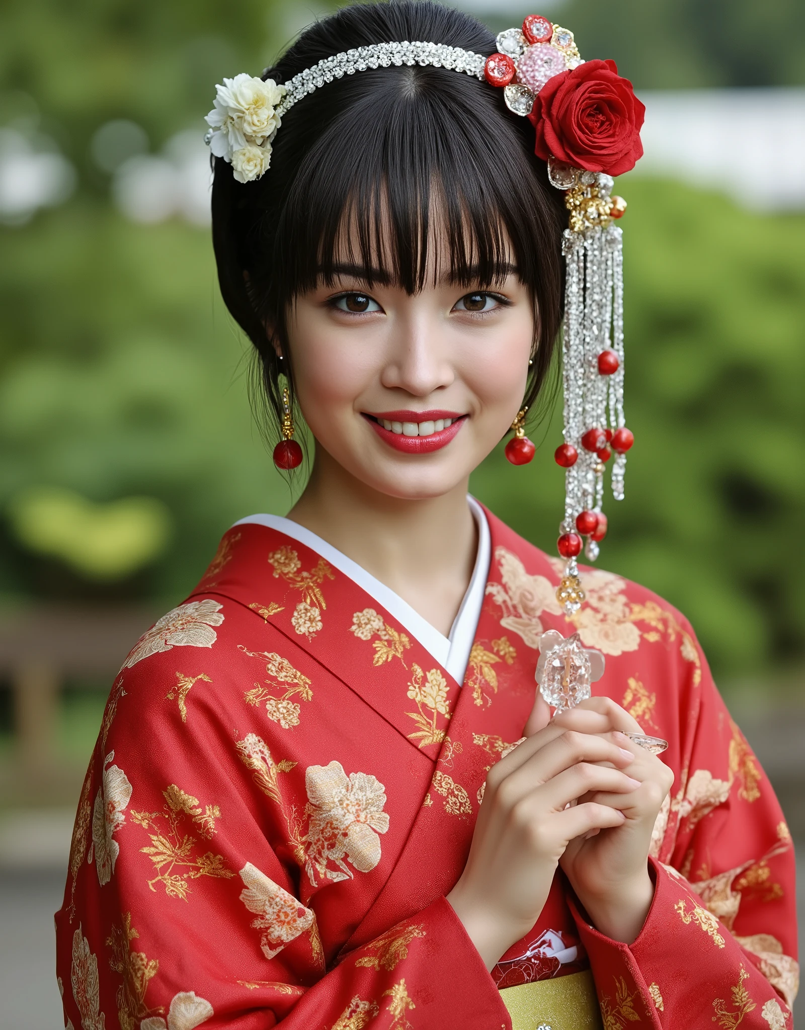 highest image quality taken by Ki、 Photorealistic、 anatomically accurate human body structure、Awareness-raising、 absurd、Professional photography、 upper body shot above the knee 、 Japanese girl standing wearing a gorgeous Japanese kimono、 realistic pictures of the garden、Faces of Japan's Top Actresses 、 Japanese New Year、first visit of the year to a shrine、 Japanese shrines 、New Year's pine decoration、Very bright expression、Smiling Japanese girl 、Suzu Hirose、 High Quality 、One young woman、26 year old very cute woman、Height: 159cm、Slim slender figure 、 watching here、Japan's gorgeous and beautiful red sunny clothes 、 wearing beautiful Japanese kimonos 、I can see a gorgeous and beautiful Japanese kimono obi 、Very beautiful hair ornament 、With bangs、Hairstyles that match kimonos 、 detailed and realistic eyes、 beautiful catchlight on the eyes、 detailed and realistic long eyelashes 、 detailed and realistic eyebrows 、 detailed and realistic moisturized lips 、Detailed and beautiful black hair 、 only one woman and no others 、Show your hands as little as possible、Accurate hand shape、Accurate finger count、Accurate hand finger shape 、