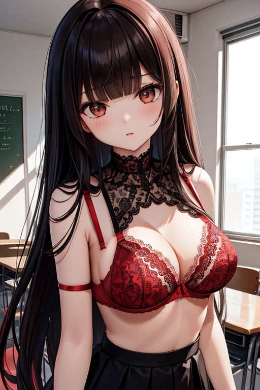best quality, highres,Slender、brown eyes、tall、(bangs bangs:1.5)、long hair,straight hair、classroom、19 years old、(black lace bra:1.5)、black skirt、(black hair:1.5) 、8 life size