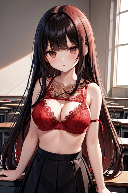 best quality, highres,Slender、brown eyes、tall、(bangs bangs:1.5)、long hair,straight hair、classroom、19 years old、(Light red lace bra:1.5)、black skirt、black hair 、8 life size
