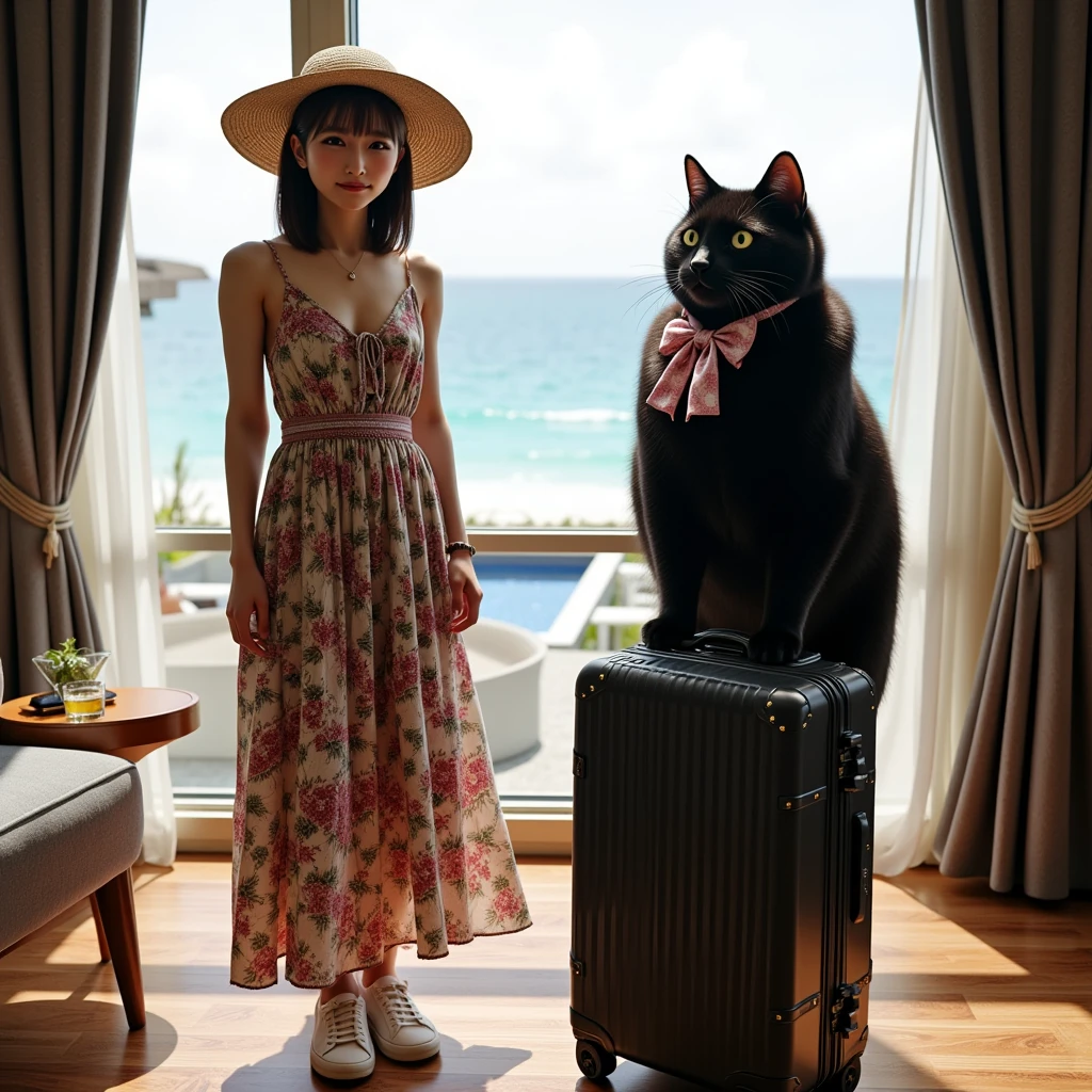 ultra-realistic, photorealistic, dramatic scene, shadow, global-illumination, solo, 1 girl\( 20 years old Japanese beautiful girl, beautiful with cute face, wearing a cute patterned one-piece dress with long skirt, pastel camisole, shoulder-length brown hair, accessories, simple sneaker, elegant hat\), 1 human-like giant black cat\( human-like giant black cat, bow tie, wearing a conservative aloha-shirt, slight taller than the girl, with her, wearing an dark colored aloha-shirt, holding a large suits case, little chubby\), the girl and human-like giant black cat are standing at suite room of the luxury resort hotel in Maldives, gorgeous stylish furnishings, famous 5-star hotel, amazing view of the ocean with private beach and small private swimming pool from the large window