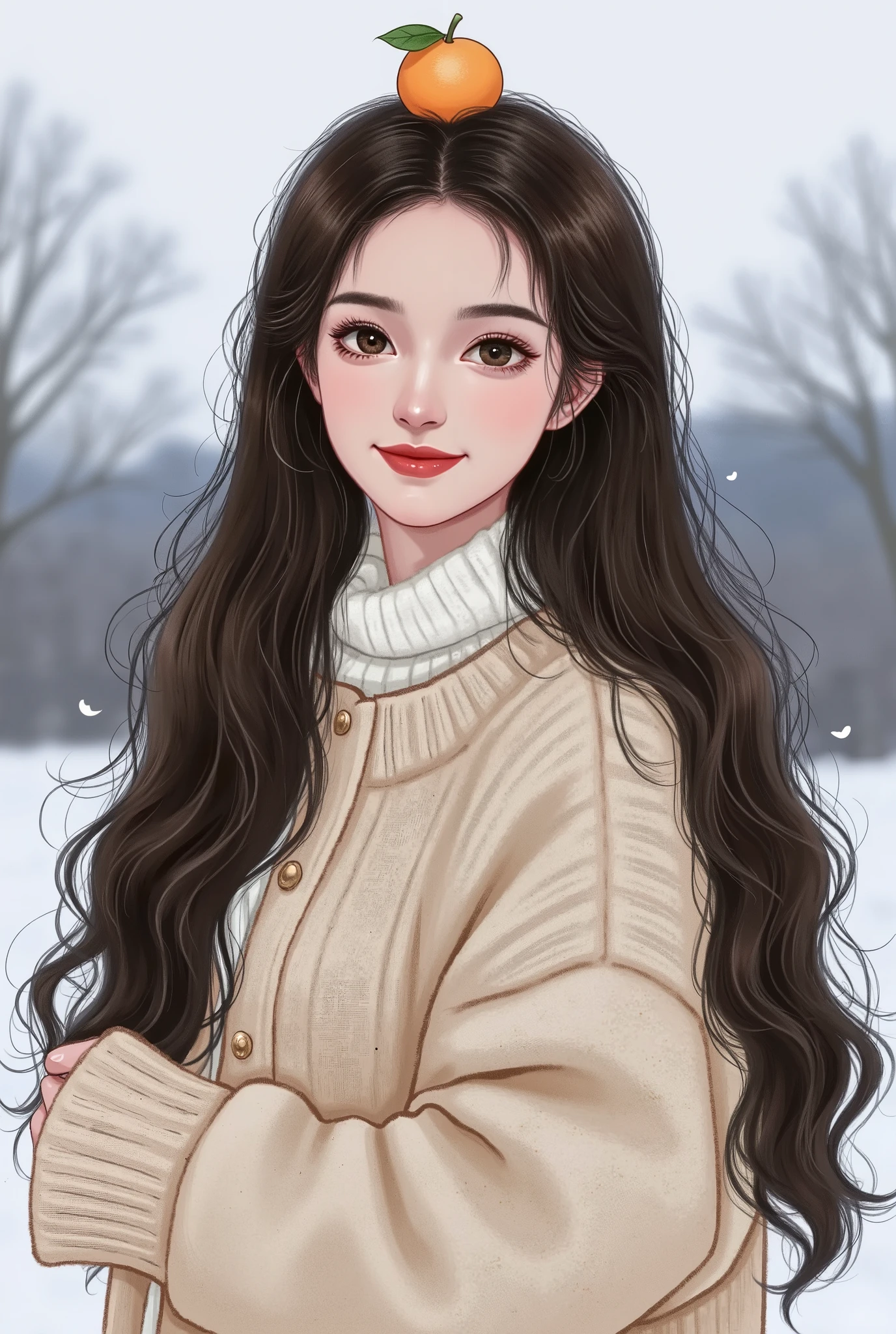 Girl, long brown hair, brown eyes, sharp features, white skin, light pink lip, perfect, sweater, winter coat .
