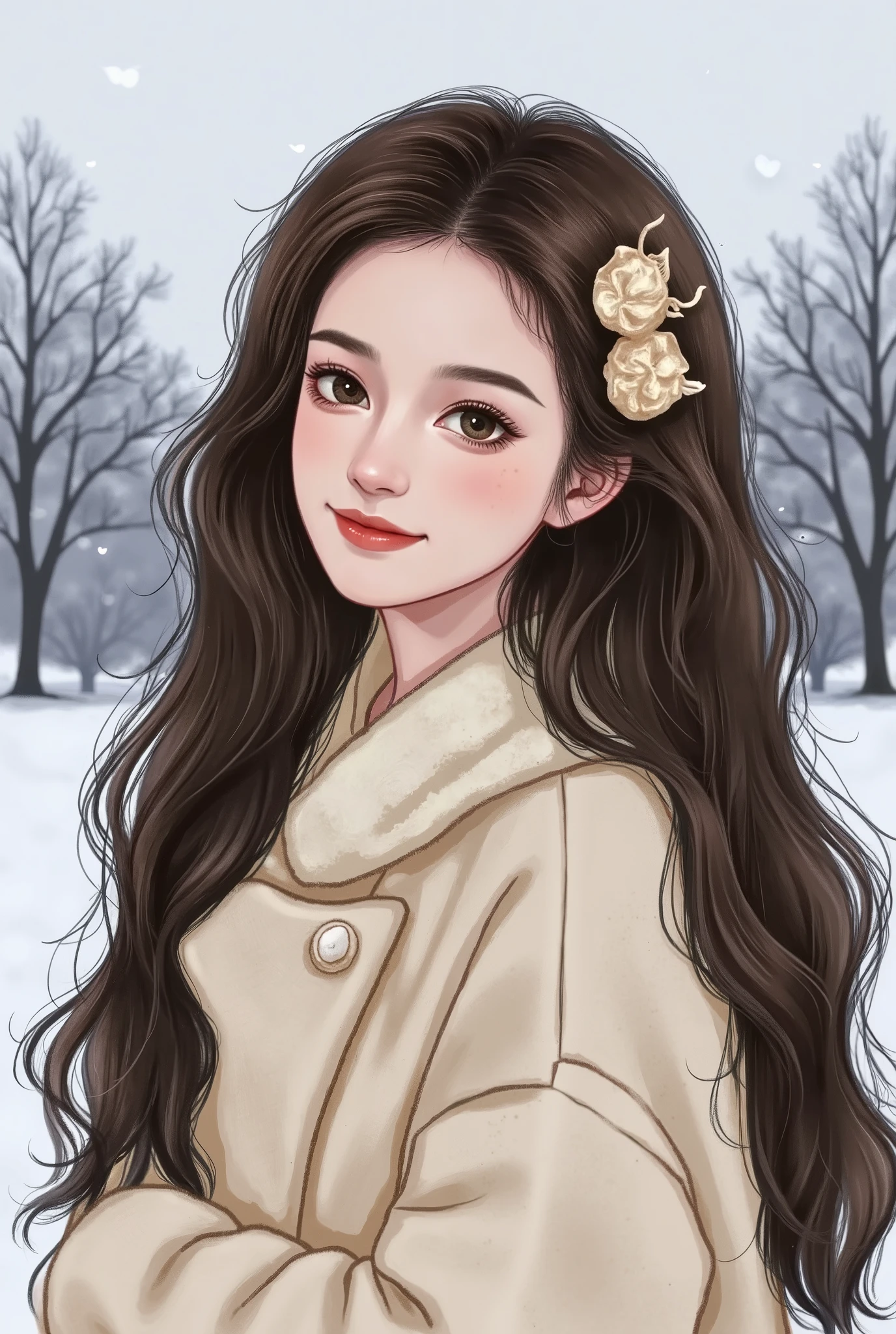 Girl, long brown hair, brown eyes, sharp features, white skin, light pink lip, perfect, sweater, winter coat .