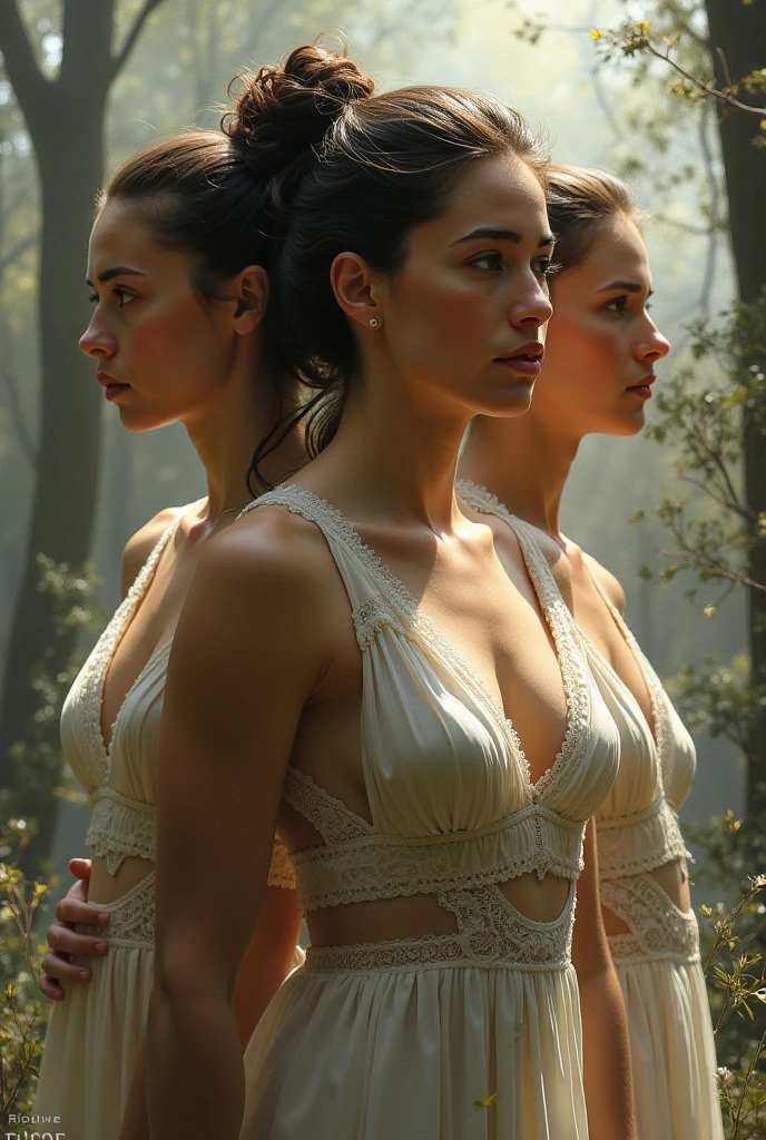Foto RAW em sequencia, ((masterpiece)), ((entire sculptural body of a 2 woman)), ((Broad vision of angels inspiring her)), 4K, photorealism, real, hyper-realistic, high resolution, ((athletic and beautifully sculpted body)), ((beautiful European woman with refined features)), ((alone in the woods)), ((face of a real, slender woman with super fine skin, exposed neckline, and whole body)), ((transparent clothes revealing her figure)), hyper-realistic, ((highly detailed, with visible textures and pores)), ((captured in natural light with cinematic lighting, showcasing her