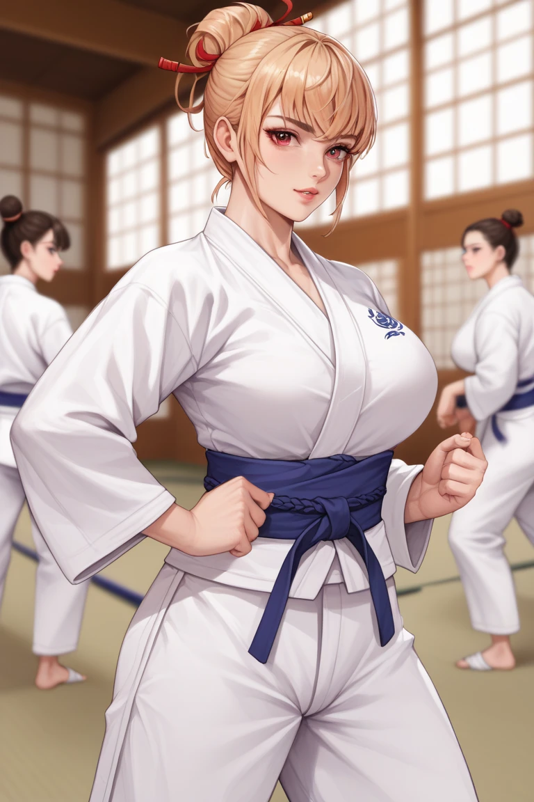 1 Korean girl, blond hair up with bangs, tied, red eyes, voluptuous,, judo dojo background, blurred background, judo uniform