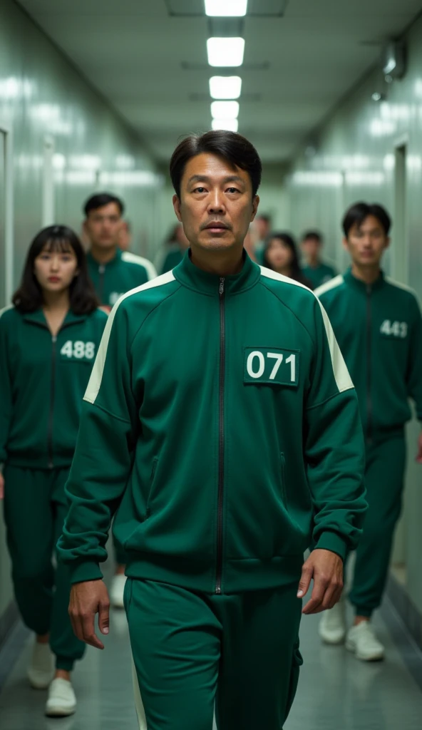 A 40-year-old man,short hair black, He is wearing a green sports jacket with white stripes on the sleeves and there is a green box embroidered with the number "1" in white on the side. Green track pants. The sports shirt has a zipper on the long part and two pockets on the side. clothes like in the squid game movie. has a serious expression on his face and looks directly at the camera. he poses walking, the background of the hallway with three long lights on the roof illuminates. and there are ten people with the same clothes walking behind. cinematic