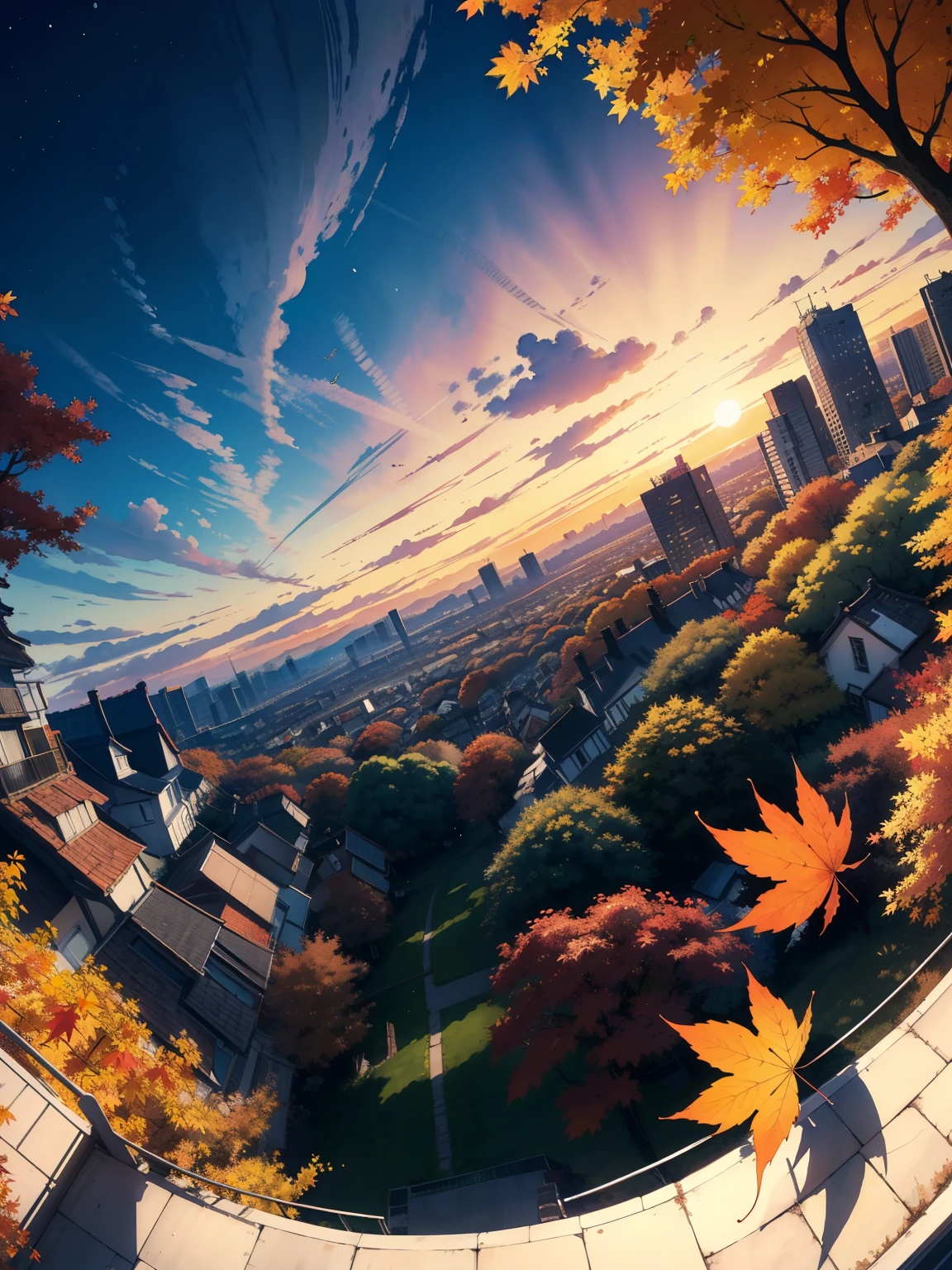 masterpiece， Top Quality ，    high image quality ，(   super flat   ，   FLAT SHADING    )，   fisheye lens， Overlooking the city in autumn from the park garden，高層ビルの側面を歩く girl がリュックサックを背負っている ，Autumn leaves，Snow Scene，Autumn sky，dusk，     Beautiful Sunset   ，Wide angle，   bright color，watercolor,    Ghibli style，Strong winds，   girl   &#39;Lure，