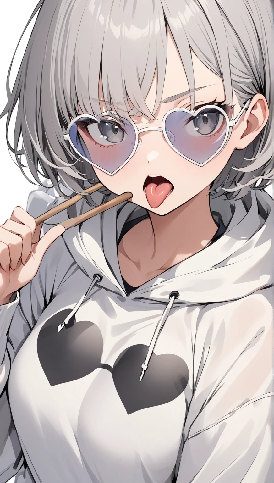  girl , Gray Hair,  short hair, White mesh hair, WHITE AND GREY EYES ,  white hoodie ,  one pale white ((heart))  sunglasses,  stick out your tongue,   White Background 