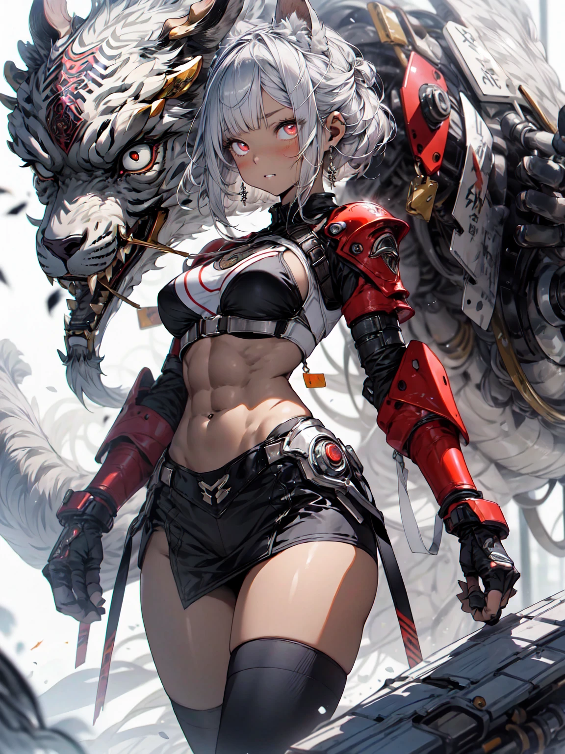 Be realistic、（masterpiece、 top quality 、 top quality 、 very detailed、 fractal art 、Most detailed、（Abstract Background：1.5）（ 1 girl ）、Kamimei、（silver wolf hair）、（puppet、 red eyes、 silver hair、Group、Big Breasts、 toned abs 、Stunned）、 crystals、 black bikini 、Sexy、Machine Armor、 tanned skin 、（ pencil skirt）、irritated eyes 