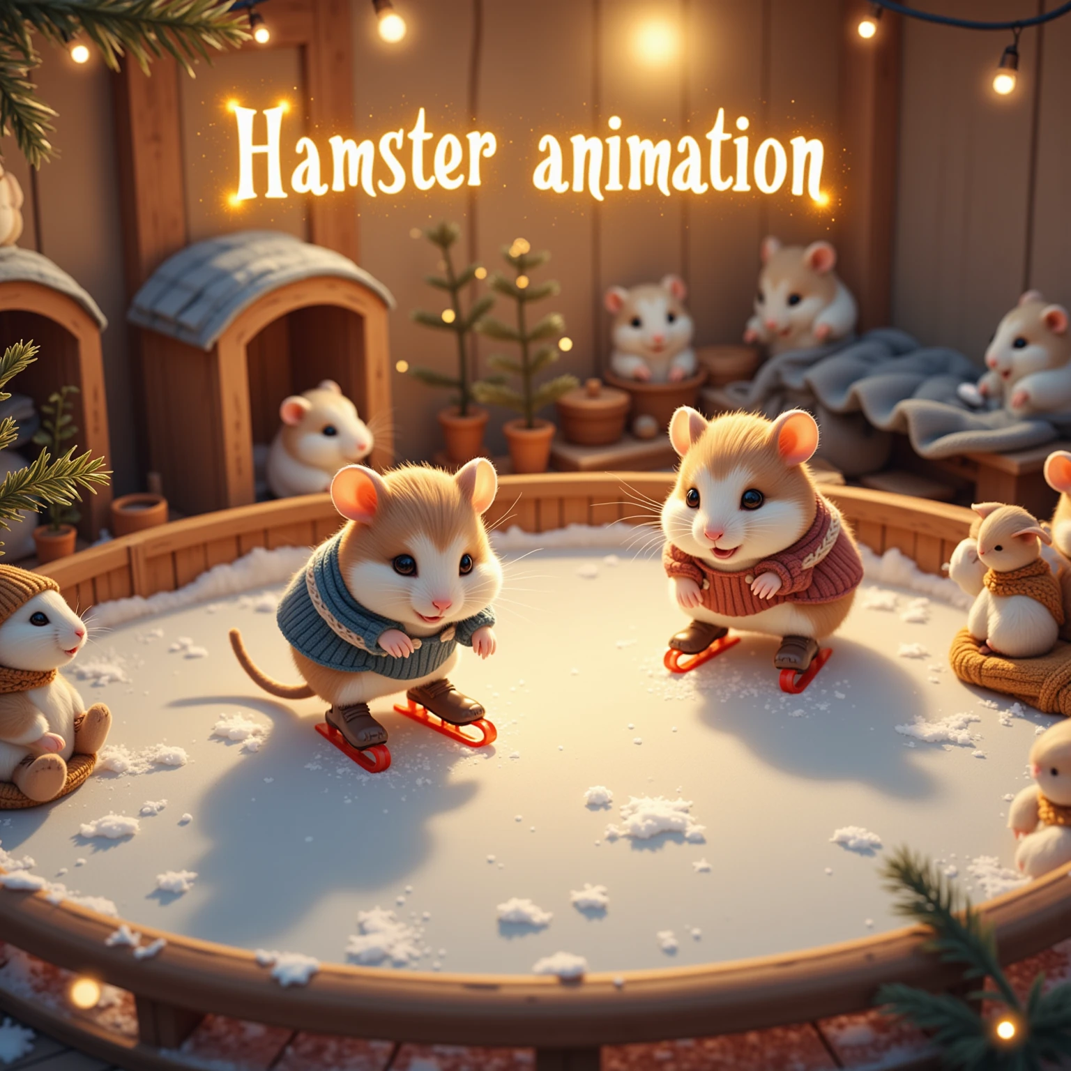 Craft a delightful outdoor winter scene featuring cute hamsters dressed in bright knitted hats and scarves, cheerfully building a snowman. These lively hamsters are portrayed in mid-action, with one rolling a large snowball while others gather sticks and stones for the snowman's features. The background reveals a picturesque forest blanketed in a pristine layer of snow, providing a serene and majestic backdrop to the lively scene. Snowflakes delicately drift down, enhancing the playfulness and beauty of the moment. The natural lighting casts a soft glow, highlighting the vibrant colors of the hamsters' winter attire against the white landscape. The snowman, adorned with a whimsical carrot nose and playful sticks for arms, stands proudly amidst the bustling activity. Above, incorporate the phrase "Hamster Anime" to appear as if made of snow, seamlessly blending with the evocative winter aesthetics of the scene, and add a playful charm to this adorable winter tableau.